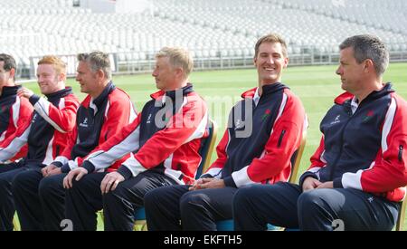 Manchester, UK 10th April 2015 Mark Chilton (Second Team Coach) is all smiles  at the Annual Press Day at Emirates Old Trafford. Glen Chapple (First Team Coach) and Ashley Giles (Head Coach and Cricket Director) are either side of him. Lancashire Cricket Club Press Day, Manchester UK Credit:  John Fryer/Alamy Live News Stock Photo