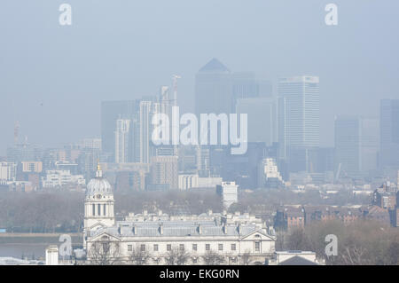 Air pollution over Canary Wharf in London, England United Kingdom UK Stock Photo