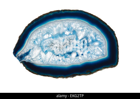 Blue agate slice cross section mineral backlit isolated on white background Stock Photo