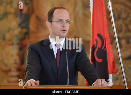 Prague, Czech Republic. 10th Apr, 2015. Albanian Foreign Minister Ditmir Bushati speaks at a press conference in Prague, Czech Republic, April 10, 2015. © Michal Dolezal/CTK Photo/Alamy Live News Stock Photo