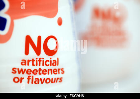 No artificial sweeteners or flavours written on bottles of Yazzo milkshakes Stock Photo