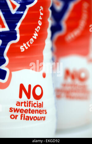 Bottles of Yazoo strawberry milkshakes showing the No artificial sweeteners or flavours on the packaging Stock Photo