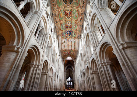 The Nave of Ely Cathedral, Cambridgeshire, built by the Normans in 1090. The nave is 2248ft. (76 metres) long. Stock Photo