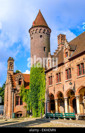 Bruges, Belgium. Medieval brickwork building in downtown historic center of Brugge, gothic city in West Flanders. Stock Photo