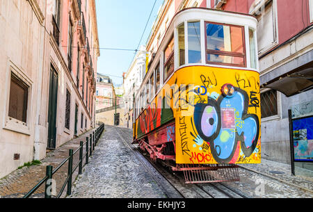 Gloria Funicular in the city center of Lisbon, National Monument in Portugal and a popular tourist attraction of Europe. Stock Photo