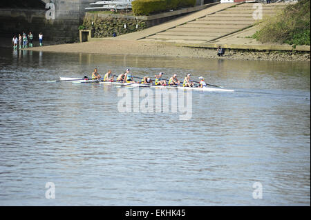 London, UK. 10th Apr, 2015. The crew of 'Blondie' (Cambridge University women's reserve boat) looking devastated and exhausted after loosing the Osiris Blondie Race (The Newton Women’s Reserve Boat Race). From the shore line the Cambridge blue boat crew look on hoping this isn't a portent of tomorrow's main race. From left to right, crew members are: 1: (Bow): Valentina Futoryanova (RUS/GBR), 2: Evelyn Boettcher (USA), 3: Gabriella Johansson (SWE/GBR), 4: Hannah Roberts (GBR), 5: Sarah Gibson (GBR), 6: Holly Game (GBR), 7: Isabella Vyvyan (GBR), 8 (Stroke): Catherine Foot (GBR), Cox: Katie Kla Stock Photo