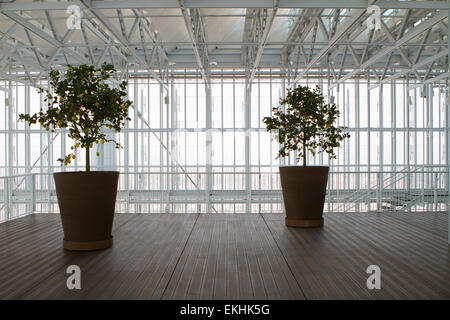 Torino, Italy. 10th April 2015. View of the greenhouse at the top of Intesa Sanpaolo skyscraper. The building, designed by architect Renzo Piano, is the new headquarters of Intesa Sanpaolo bank in Torino, Italy. Stock Photo