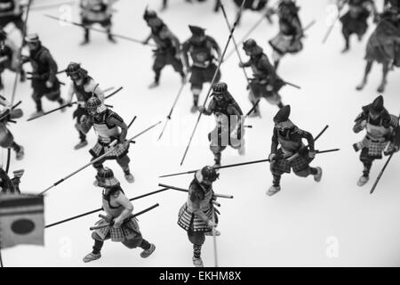 This image of Japanese samurai figures was taken inside Osaka Castle in Osaka, Japan in 2015. Stock Photo