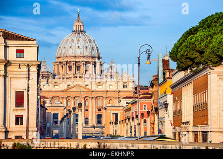 Sunrise at St. Peter Basilica from Vatican, main religious Catholic Church, Holy See and Pope residence. Italy landmark. Stock Photo