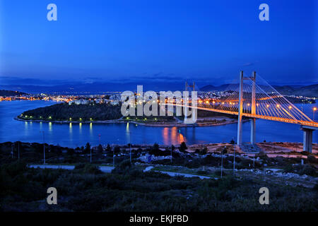 The High Bridge of Evripos and Chalkis ('Chalkida') town, Evia ('Euboea') island, Greece. Stock Photo