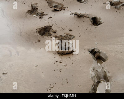 Prints of human feet on the bank of the river in a deep black mud Stock Photo