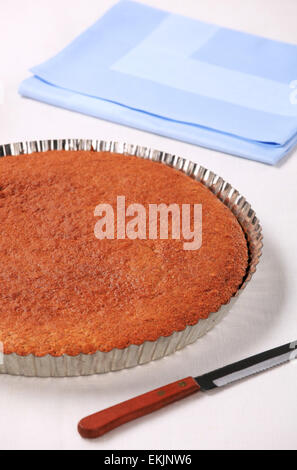 Fresh baked cake in a round baking pan Stock Photo