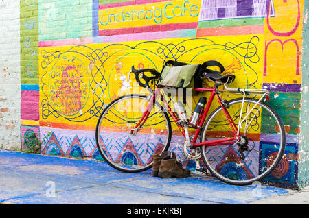 Bicycle traveler in Yellow Springs, Ohio. Stock Photo