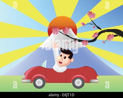 Red car in front of Fuji mountain with big red sun Stock Vector