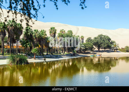 Oasis of Huacachina, Peru with sand dunes in the background Stock Photo