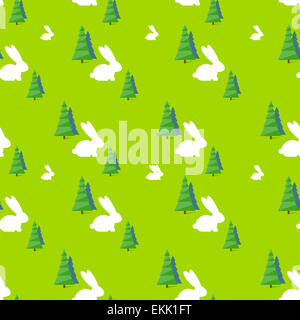 green tree white rabbit pattern vector Stock Photo