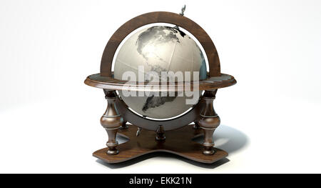 A vintage wooden world globe ornament on an isolated white background ...