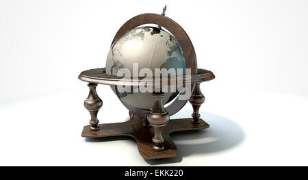 A vintage wooden world globe ornament on an isolated white background ...