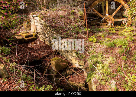 Old run down Waterwheel and Watermill on the Dighty burn at Balmuirfield along Harestane Road in Dundee Scotland, UK