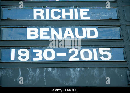 Adelaide, Australia. 11th Apr, 2015. Tribute on the old cricket scoreboard at the Adelaide Oval for Australian cricketer and broadcaster Richie Benaud who died aged 84 from the effects of skin cancer Credit:  amer ghazzal/Alamy Live News Stock Photo