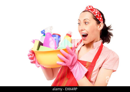 Female cleaner holding bucket with cleaning supplies. Stock Photo