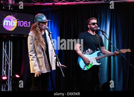 Bala Cynwyd, Pennsylvania, USA. 10th April, 2015. (L to R) Katie White and Jules De Martino of British Indie Rock Duo The Ting Tings Perform at Mix 106's Performance Theatre on April 10, 2015 in Bala Cynwyd, Pennsylvania, United States. Credit:  Paul Froggatt/Alamy Live News Stock Photo
