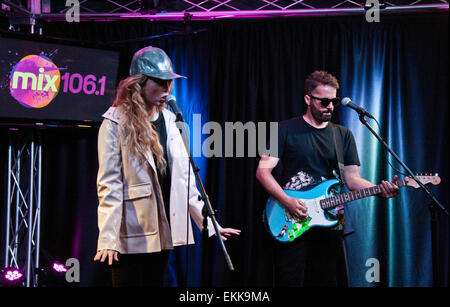 Bala Cynwyd, Pennsylvania, USA. 10th April, 2015. (L to R) Katie White and Jules De Martino of British Indie Rock Duo The Ting Tings Perform at Mix 106's Performance Theatre on April 10, 2015 in Bala Cynwyd, Pennsylvania, United States. Credit:  Paul Froggatt/Alamy Live News Stock Photo