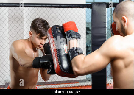 Boxer kicks punching pad Stock Photo