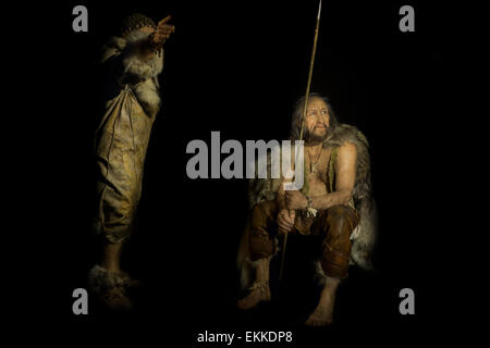 Reconstruction of Cro-Magnon hunter and women sculpted by Elisabeth Daynès at exposition in museum about Lascaux, France Stock Photo