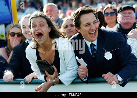 Aintree Racecourse, Liverpool, UK. 11th Apr, 2015. Crabbies Grand National. Punters celebrate their win Credit:  Action Plus Sports Images/Alamy Live News Stock Photo