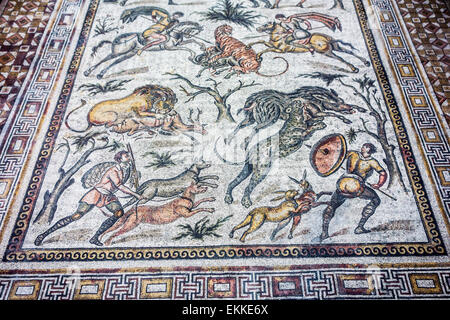 Roman mosaic from Apamea, Syria, depicting a hunting scene in the Cinquantenaire Museum / Jubelparkmuseum in Brussels, Belgium Stock Photo