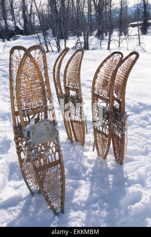 Three pairs of traditional wood-frame snowshoes stand on end in the snow after being worn by tourists on a ranger-led snowshoe tour in Grand Teton National Park near Jackson Hole, Wyoming, USA. Wooden snowshoes with rawhide webbing have been replaced in recent years by modern models made of aluminum frames with nylon or neoprene webbing. Stock Photo