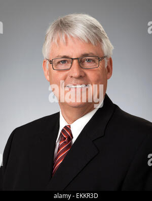 Studio portrait of mature businessman wearing black suit, against a gray background. Stock Photo