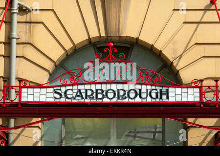 Newly restored wrought iron and leaded glass destination sign at Victoria Station, Manchester, England, UK Stock Photo