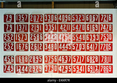 Antique license plates at the Seal Cove Auto Museum, Maine. Stock Photo