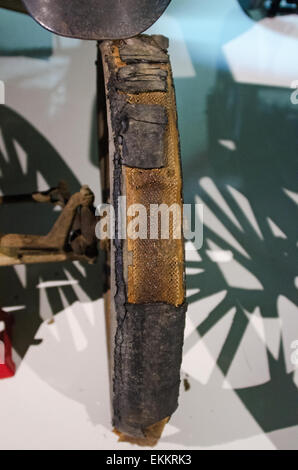 The worn-out tire of a 1915 Ford Model T roadster at the Seal Cove Auto Museum, Maine. Stock Photo