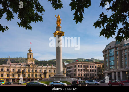 Golden Statue of St. George in Freedom Square, Tbilisi, Georgia Stock Photo