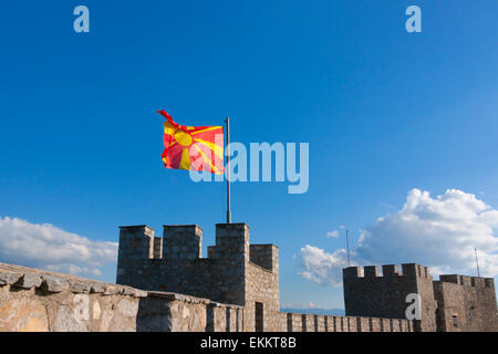 Tsar Samuil's Fortress with national flag, Ohrid, Republic of Macedonia Stock Photo