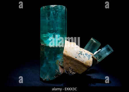 Blue crystals of Aquamarine, a variety of mineral Beryl. Stock Photo