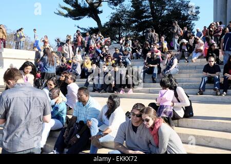 Crowds gathered on the steps of the Jefferson Memorial During Cherry Blossom Festival Stock Photo