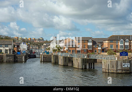 Entrance off Cardiff Bay Lake into Penarth Marina with flats and apartments south Wales Stock Photo