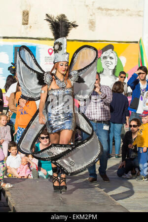 Saturday 11th, April 2015, Las Palmas, Gran Canaria, Canary Islands, Spain. Local designers show their carnival costumes at local neighborhood fashion show in Las Palmas on Gran Canaria Credit:  ALANDAWSONPHOTOGRAPHY/Alamy Live News Stock Photo