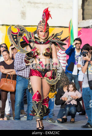 Saturday 11th, April 2015, Las Palmas, Gran Canaria, Canary Islands, Spain. Local designers show their carnival costumes at local neighborhood fashion show in Las Palmas on Gran Canaria Credit:  ALANDAWSONPHOTOGRAPHY/Alamy Live News Stock Photo