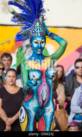 Saturday 11th, April 2015, Las Palmas, Gran Canaria, Canary Islands, Spain. Body painting demonstration at local neighborhood fiesta at Los Nidillos in Las Palmas, the capital of Gran Canaria. Credit:  ALANDAWSONPHOTOGRAPHY/Alamy Live News Stock Photo