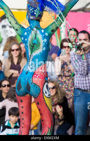 Saturday 11th, April 2015, Las Palmas, Gran Canaria, Canary Islands, Spain. Body painting demonstration at local neighborhood fiesta at Los Nidillos in Las Palmas, the capital of Gran Canaria. Credit:  ALANDAWSONPHOTOGRAPHY/Alamy Live News Stock Photo