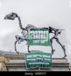 Trafalgar Square, London, UK. 11th April 2015. A Protest against the Grand National horse race on the 4th Plinth. Credit:  Paul Mendoza/Alamy Live News