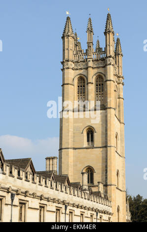 Magdalen College in Oxford, England The tower hosts an ancient tradition where choristers sing at dawn on Mayday each year. Stock Photo