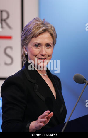 Baden-Baden, Germany. 13th Feb, 2005. (dpa) - US Senator Hillary Clinton holds her acceptance speech after receiving the German Media Prize 2004 in Baden-Baden, Germany, 13 February 2005. Clinton was awarded the prize for her exemplary engagement advancing the role of women in the world of politics, society and media./picture alliance © dpa/Alamy Live News Stock Photo