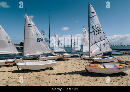 Small sailing boats on the beach in Middle Brighton, Melbourne, Australia Stock Photo