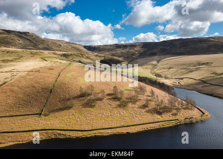 Kinder reservoir and Kinder Downfall near Hayfield in the Peak DIstrict, Derbyshire. Stock Photo